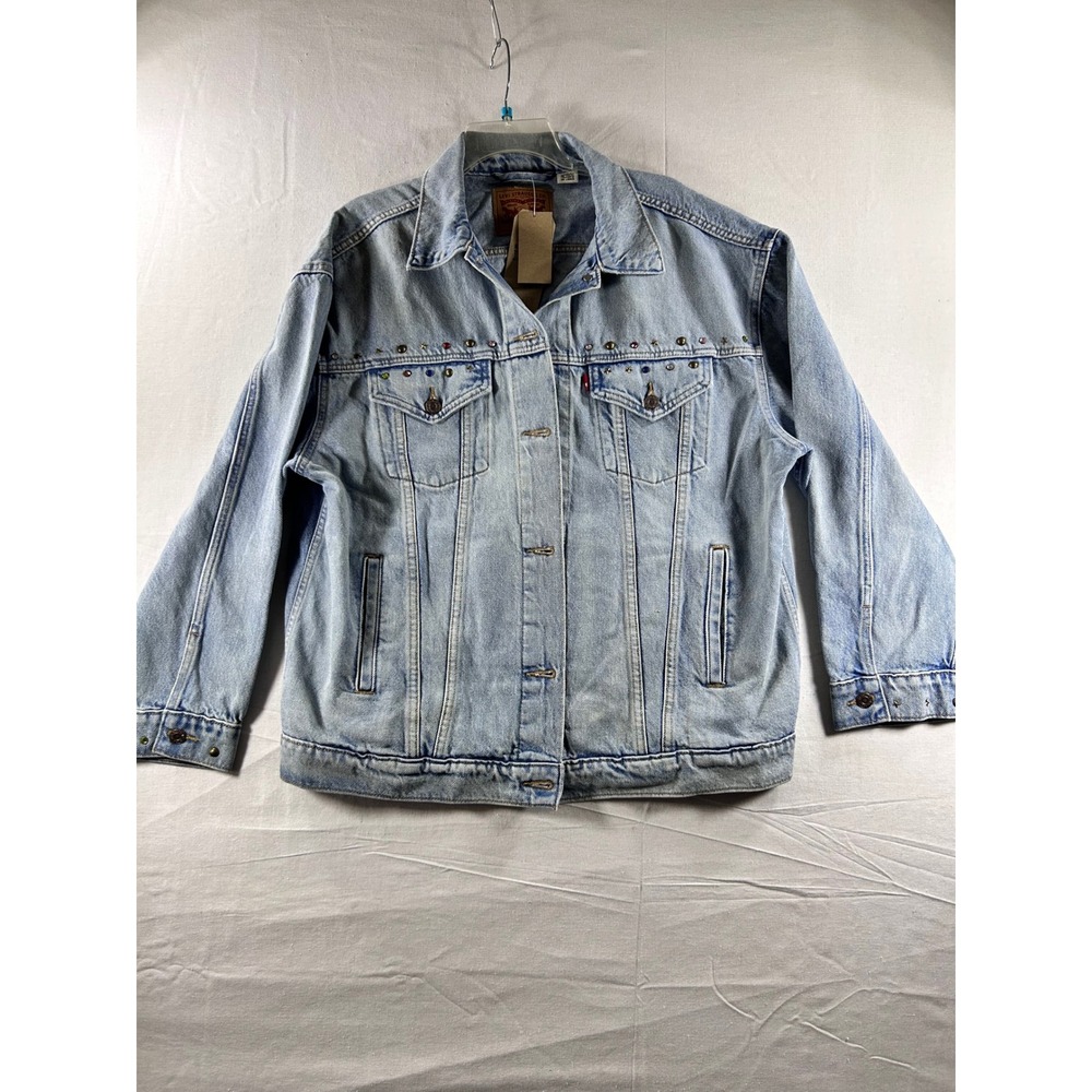 Levis Studded Denim Trucker Jacket Light Wash Rhinestone‎ Star XL WaterLess